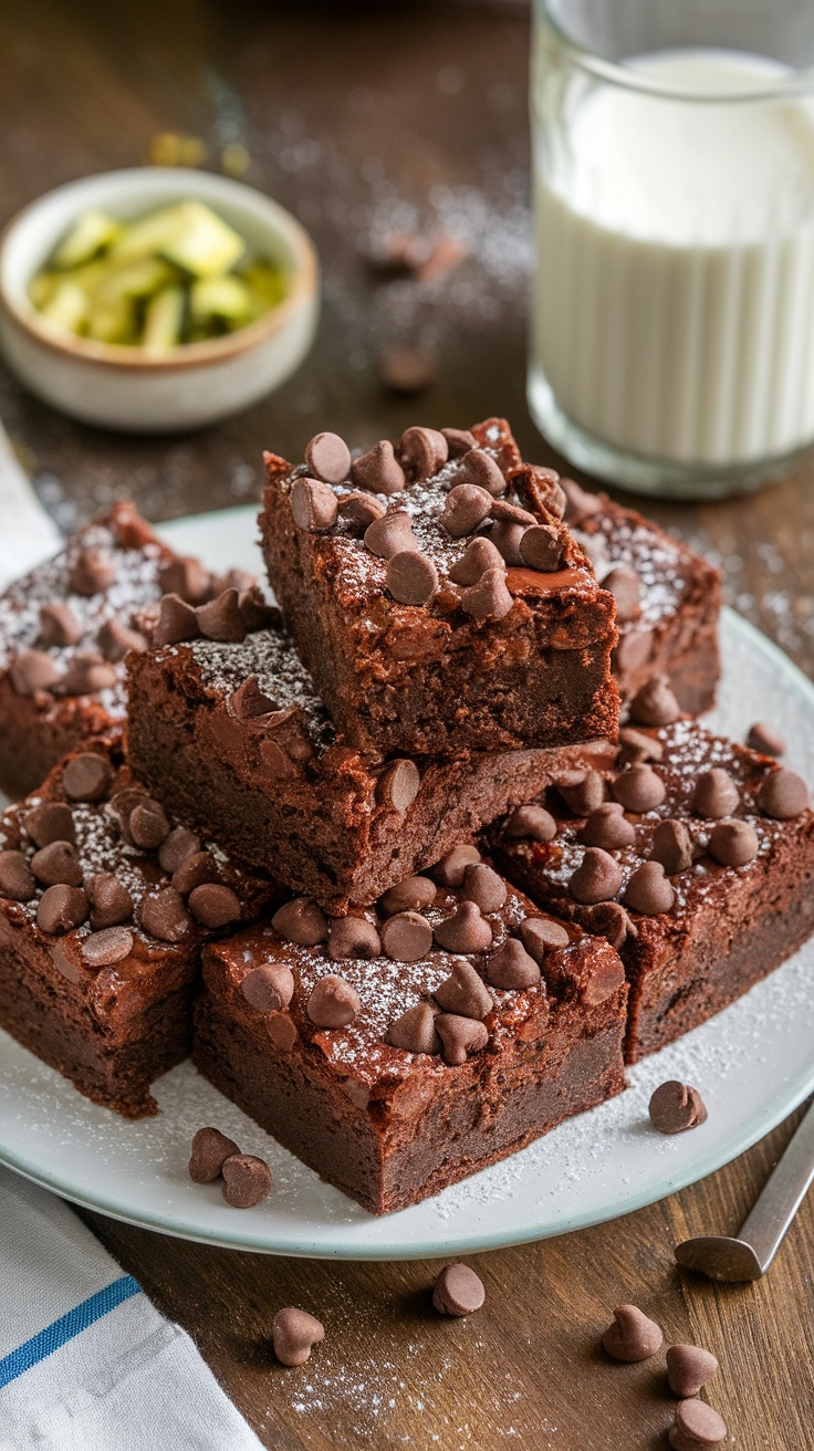 A plate of fudgy zucchini brownies with chocolate chips, garnished with powdered sugar, on a wooden table with grated zucchini in the background.